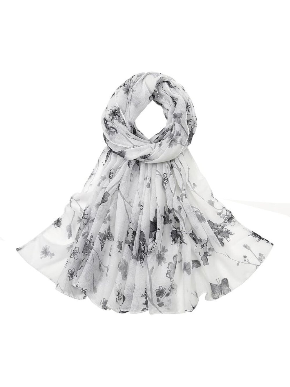 Women's White Black Flower Hijab Cotton Voile Wrap for Spring Fall Scarf Shawl